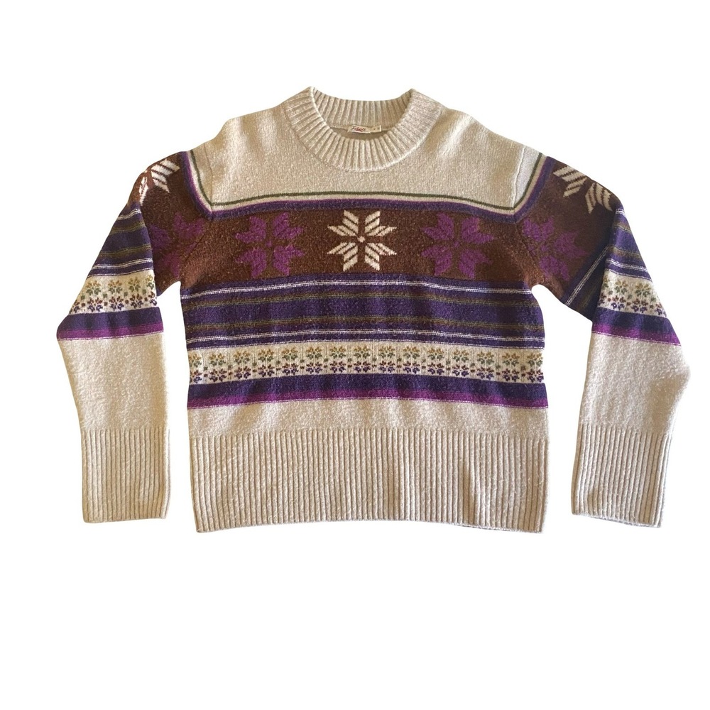 Faherty Mikki Womens Sweater M Beige Fair Isle Merino Wool Blend Snowflake